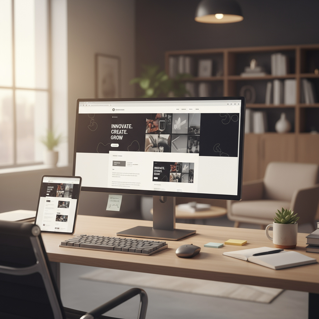 Workspace with responsive website mockups on desktop and tablet